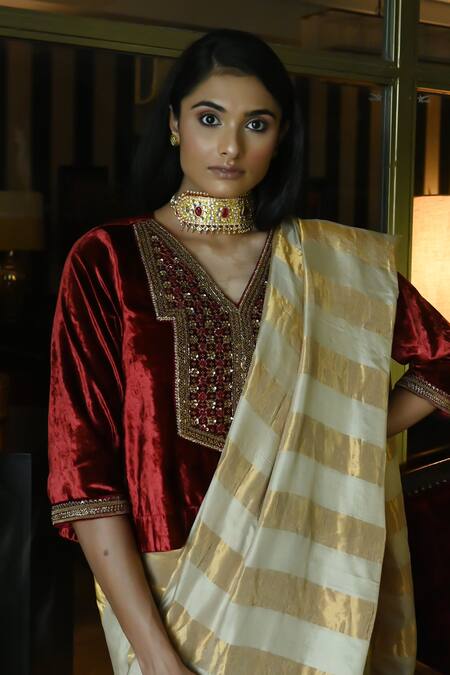 Shop_Shorshe Clothing_Beige Tissue Mogra Patti Woven Saree_Online_at_Aza_Fashions