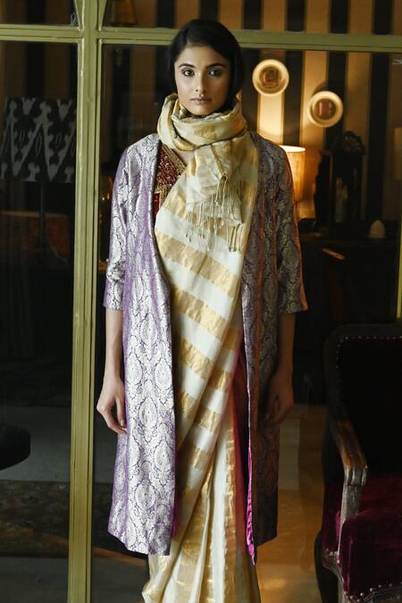 Shorshe Clothing_Beige Tissue Mogra Patti Woven Saree_at_Aza_Fashions