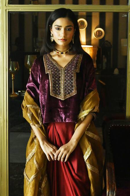 Shop_Shorshe Clothing_Gold Tissue Lace Mukesh Embellished Checkered Dupatta _Online_at_Aza_Fashions