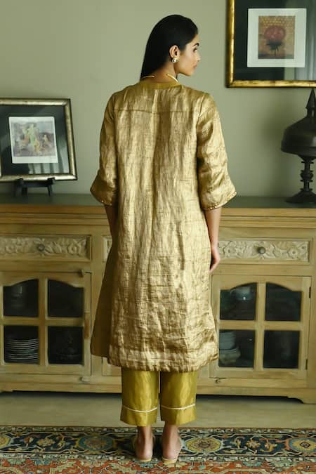 Shop_Shorshe Clothing_Gold Tissue, Brocade Sequins Mandarin Collar Stripe Woven Kurta And Pant Set _at_Aza_Fashions