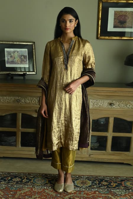 Shorshe Clothing_Gold Tissue, Brocade Sequins Mandarin Collar Stripe Woven Kurta And Pant Set _Online_at_Aza_Fashions