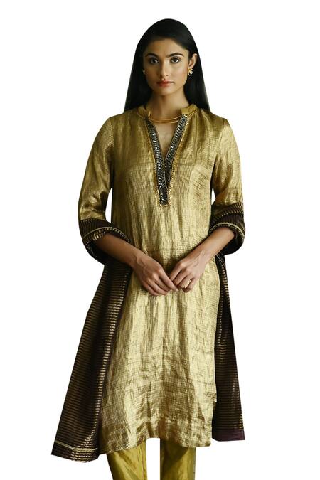 Buy_Shorshe Clothing_Gold Tissue, Brocade Sequins Mandarin Collar Stripe Woven Kurta And Pant Set _Online_at_Aza_Fashions