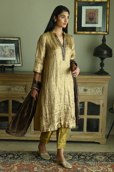 Shop_Shorshe Clothing_Gold Tissue, Brocade Sequins Mandarin Collar Stripe Woven Kurta And Pant Set _Online_at_Aza_Fashions