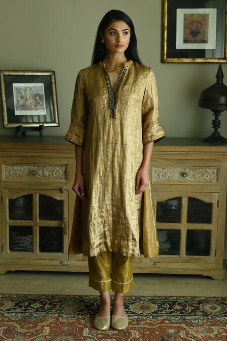 Shorshe Clothing_Gold Tissue, Brocade Sequins Mandarin Collar Stripe Woven Kurta And Pant Set _at_Aza_Fashions