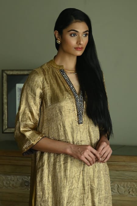 Shop_Shorshe Clothing_Gold Tissue, Brocade Sequins Mandarin Collar Stripe Woven Kurta And Pant Set 