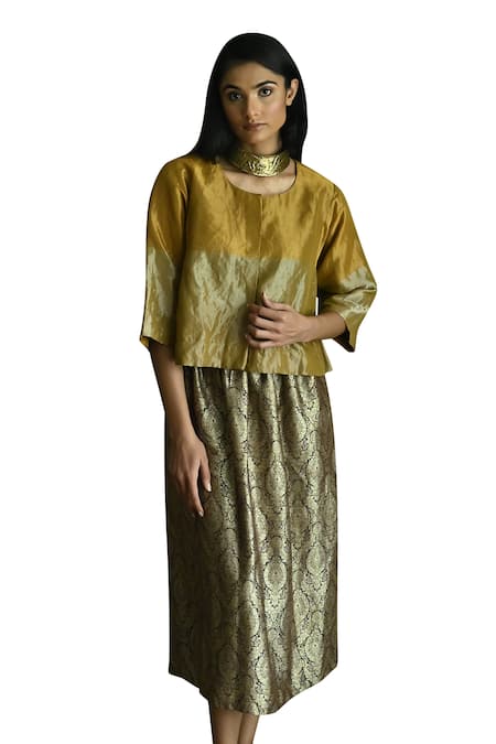 Shorshe Clothing_Gold Tissue Embroidery Reshma Stripe Woven Blouse _Online_at_Aza_Fashions