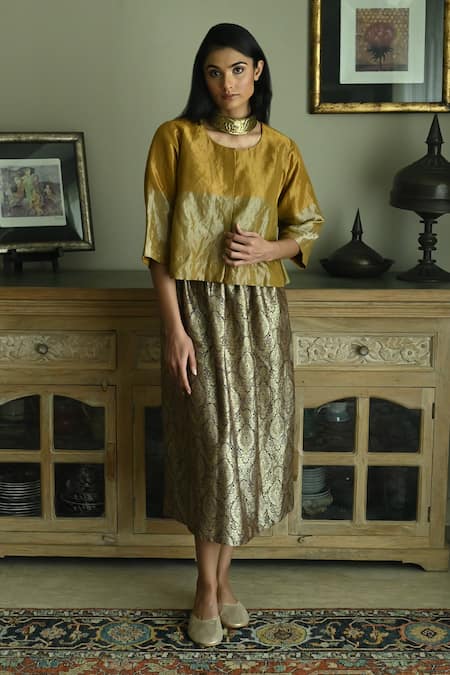 Buy_Shorshe Clothing_Gold Tissue Embroidery Reshma Stripe Woven Blouse _Online_at_Aza_Fashions