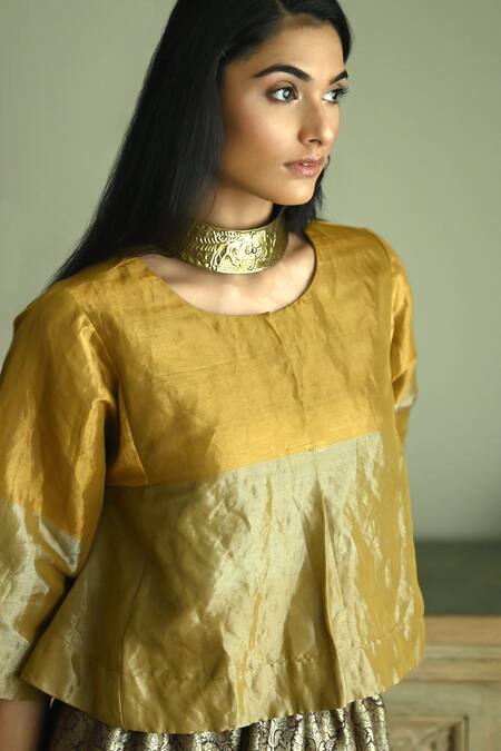 Shop_Shorshe Clothing_Gold Tissue Embroidery Reshma Stripe Woven Blouse _Online_at_Aza_Fashions