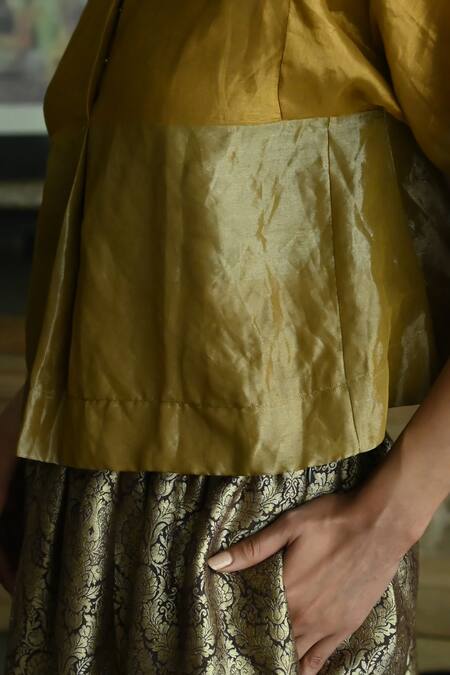 Shorshe Clothing_Gold Tissue Embroidery Reshma Stripe Woven Blouse _at_Aza_Fashions