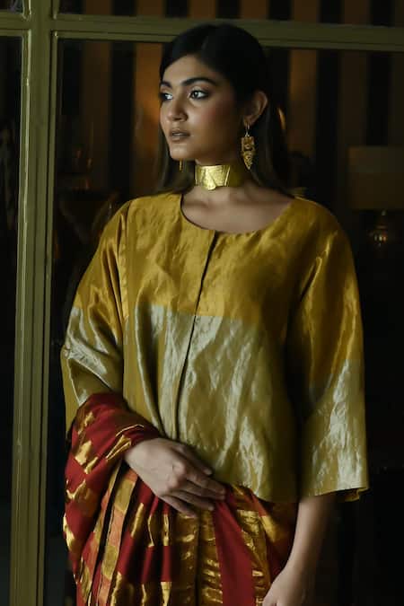 Shop_Shorshe Clothing_Gold Tissue Embroidery Reshma Stripe Woven Blouse 