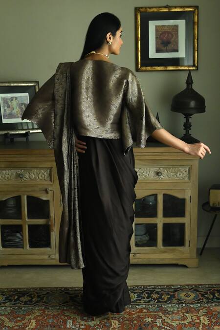 Shop_Shorshe Clothing_Brown Satin, Silk Wave Woven Pre-draped Saree _at_Aza_Fashions