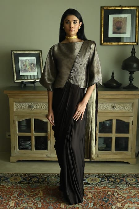 Shorshe Clothing_Brown Satin, Silk Wave Woven Pre-draped Saree _Online_at_Aza_Fashions