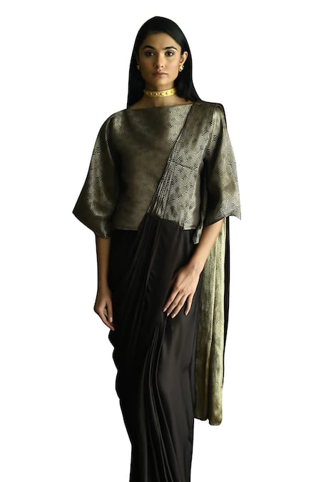 Buy_Shorshe Clothing_Brown Satin, Silk Wave Woven Pre-draped Saree _Online_at_Aza_Fashions