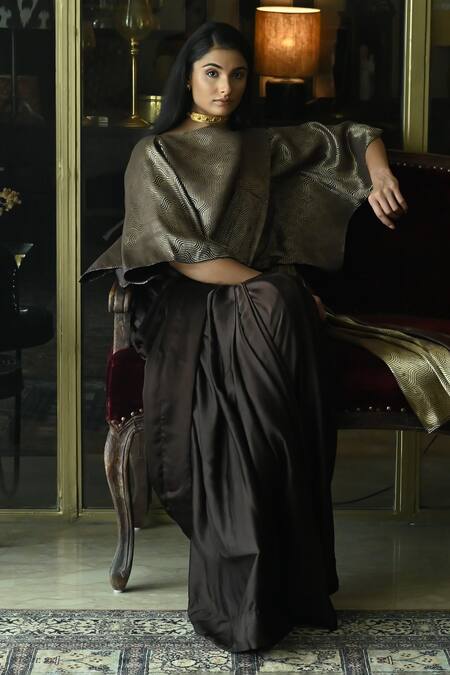 Shop_Shorshe Clothing_Brown Satin, Silk Wave Woven Pre-draped Saree _Online_at_Aza_Fashions