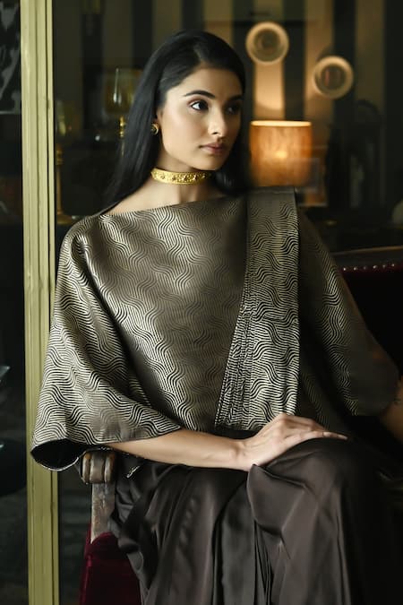 Shorshe Clothing_Brown Satin, Silk Wave Woven Pre-draped Saree _at_Aza_Fashions