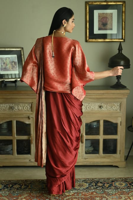 Shop_Shorshe Clothing_Red Satin, Silk Geometric Woven Pre-draped Saree _at_Aza_Fashions