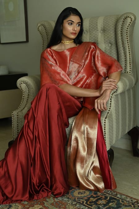 Shop_Shorshe Clothing_Red Satin, Silk Geometric Woven Pre-draped Saree _Online_at_Aza_Fashions
