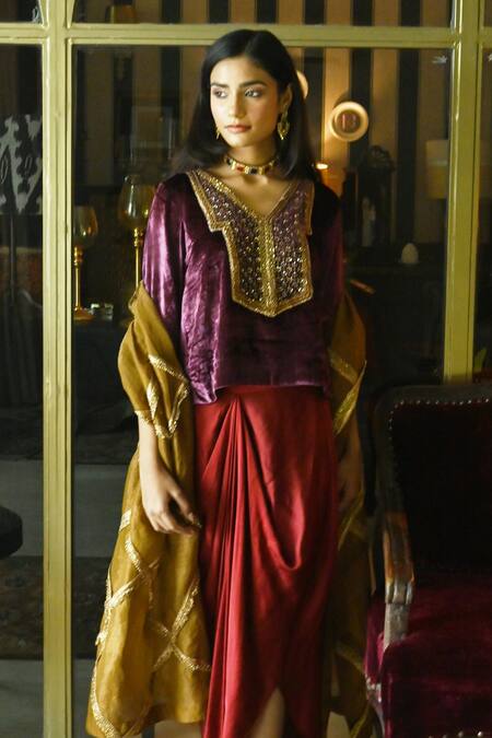 Shorshe Clothing_Purple Satin, Velvet Sequins, Cut Work V-neck Shabana Embroidered Top _Online_at_Aza_Fashions