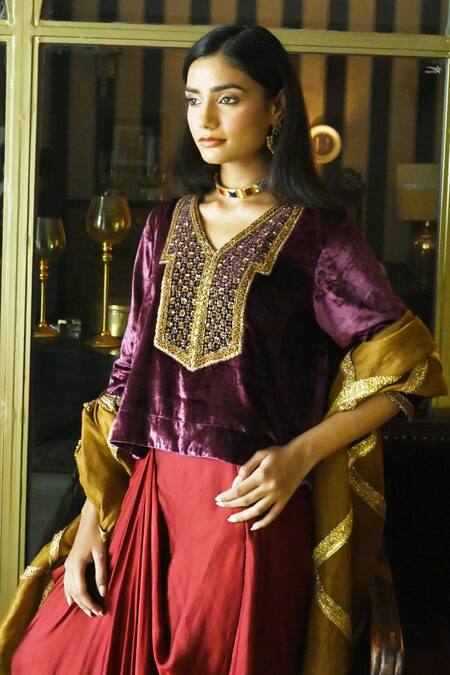 Buy_Shorshe Clothing_Purple Satin, Velvet Sequins, Cut Work V-neck Shabana Embroidered Top _Online_at_Aza_Fashions