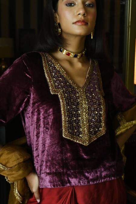 Shop_Shorshe Clothing_Purple Satin, Velvet Sequins, Cut Work V-neck Shabana Embroidered Top _Online_at_Aza_Fashions