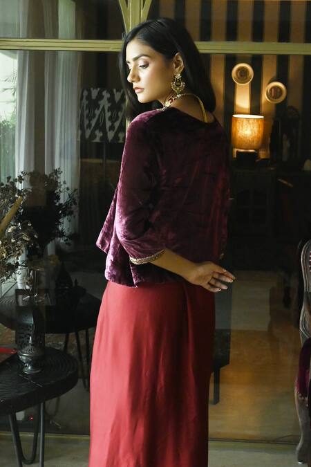 Shorshe Clothing_Purple Satin, Velvet Sequins, Cut Work V-neck Shabana Embroidered Top _at_Aza_Fashions