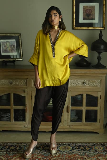 Shorshe Clothing Yellow Satin Silk Embroidery Sequin Placket Kaftan And Tannu Dhoti Pant Set 