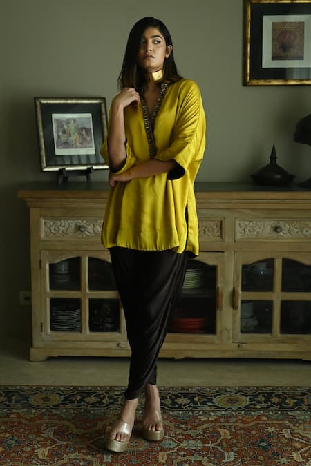 Buy_Shorshe Clothing_Yellow Silk, Satin Sequins, Placket Embroidered Kaftan And Tannu Dhoti Pant Set _Online_at_Aza_Fashions
