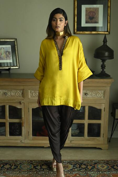 Shop_Shorshe Clothing_Yellow Silk, Satin Sequins, Placket Embroidered Kaftan And Tannu Dhoti Pant Set _Online_at_Aza_Fashions
