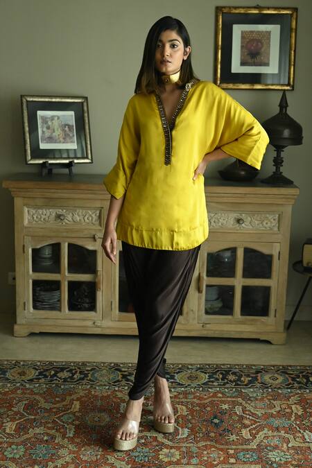 Buy_Shorshe Clothing_Yellow Silk, Satin Sequins, Placket Embroidered Kaftan And Tannu Dhoti Pant Set 