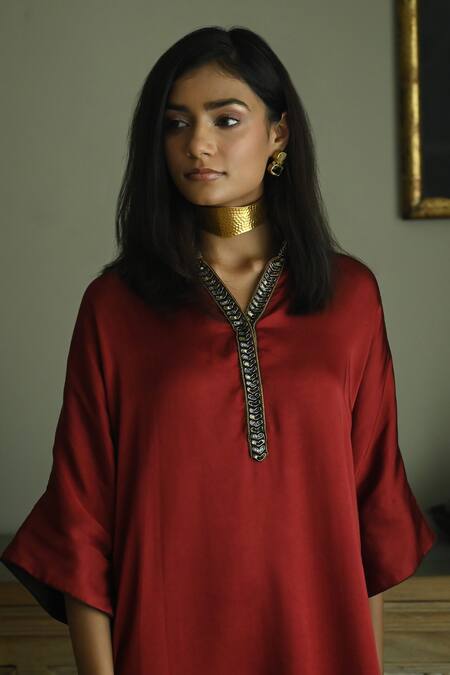 Shorshe Clothing_Red Satin, Silk Sequins, Cut Seher Placket Embroidered Kaftan And Tannu Pant Set _Online_at_Aza_Fashions