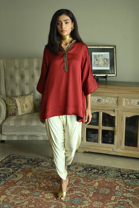 Shop_Shorshe Clothing_Red Satin, Silk Sequins, Cut Seher Placket Embroidered Kaftan And Tannu Pant Set _Online_at_Aza_Fashions