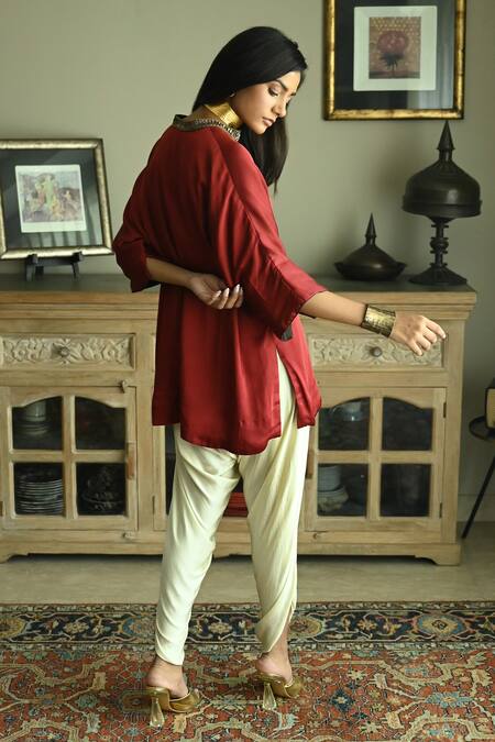 Shorshe Clothing_Red Satin, Silk Sequins, Cut Seher Placket Embroidered Kaftan And Tannu Pant Set _at_Aza_Fashions