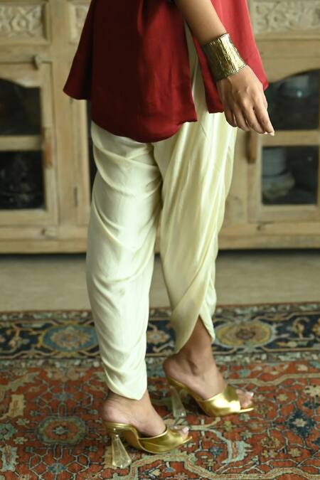 Buy_Shorshe Clothing_Red Satin, Silk Sequins, Cut Seher Placket Embroidered Kaftan And Tannu Pant Set 