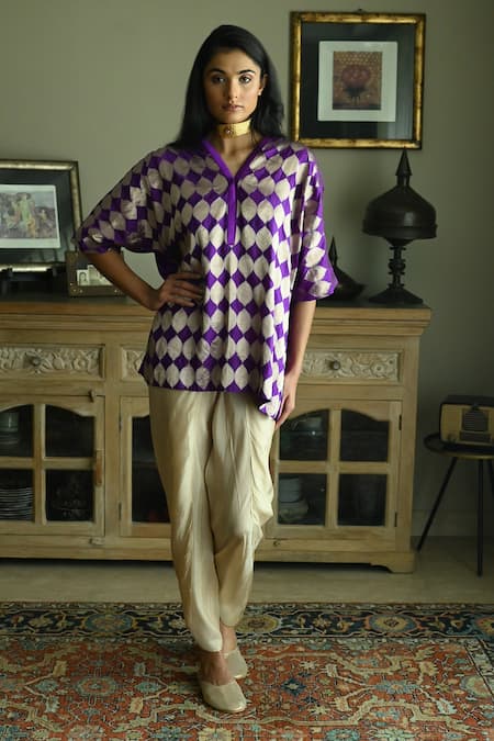 Shorshe Clothing Purple Brocade Woven Mughal V Neck Shahi Kaftan And Nandini Dhoti Pant Set 