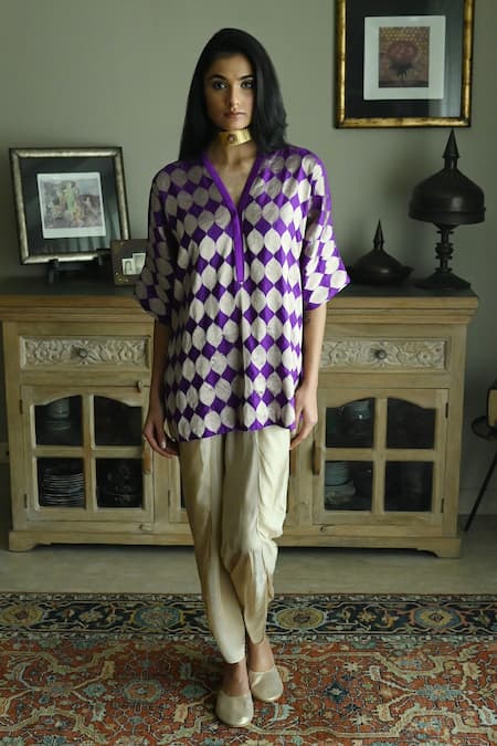 Shorshe Clothing_Purple Satin, Silk, Brocade Shahi Mughal Woven Kaftan And Nandini Dhoti Pant Set _Online_at_Aza_Fashions