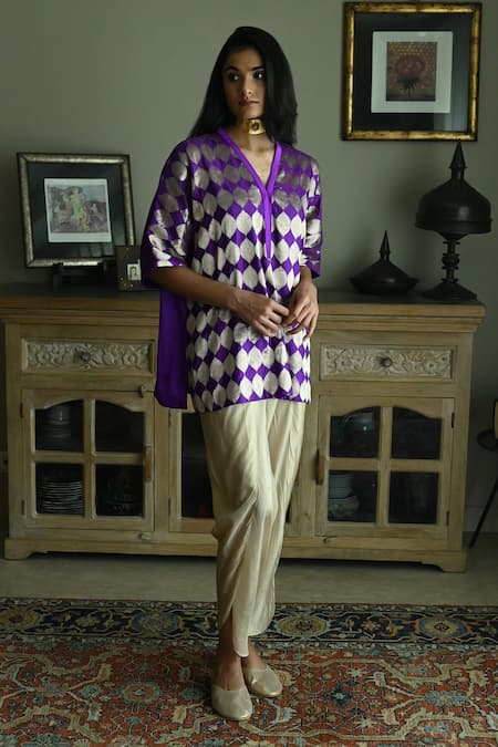 Buy_Shorshe Clothing_Purple Satin, Silk, Brocade Shahi Mughal Woven Kaftan And Nandini Dhoti Pant Set _Online_at_Aza_Fashions