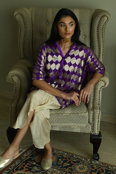 Buy_Shorshe Clothing_Purple Satin, Silk, Brocade Shahi Mughal Woven Kaftan And Nandini Dhoti Pant Set 