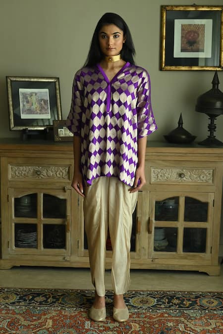Shop_Shorshe Clothing_Purple Satin, Silk, Brocade Shahi Mughal Woven Kaftan And Nandini Dhoti Pant Set 