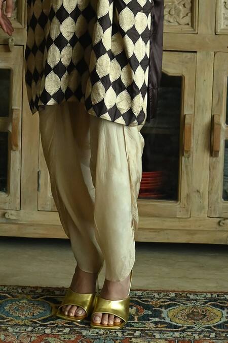 Shop Shorshe Clothing Brown Satin, Silk, Brocade V-neck Shahi Woven Kaftan And Nandini Dhoti Pant Set Online at Aza Fashions Shop_Shorshe Clothing_Brown Satin, Silk, Brocade V-neck Shahi Woven Kaftan And Nandini Dhoti Pant Set _Online_at_Aza_Fashions