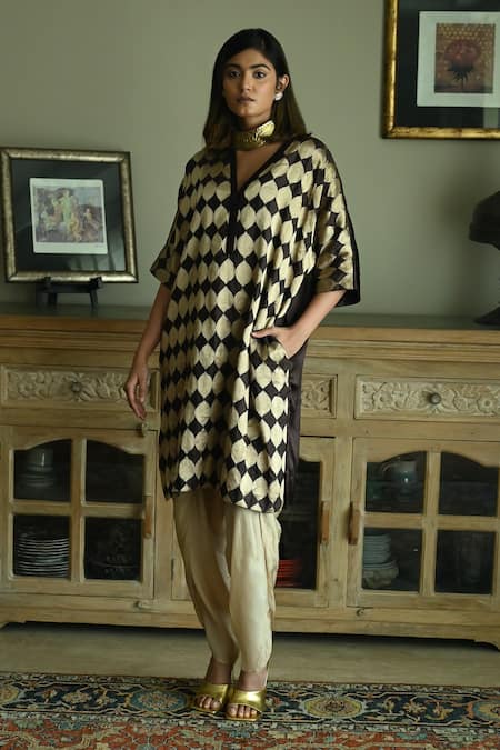 Shorshe Clothing_Brown Satin, Silk, Brocade V-neck Shahi Woven Kaftan And Nandini Dhoti Pant Set _at_Aza_Fashions