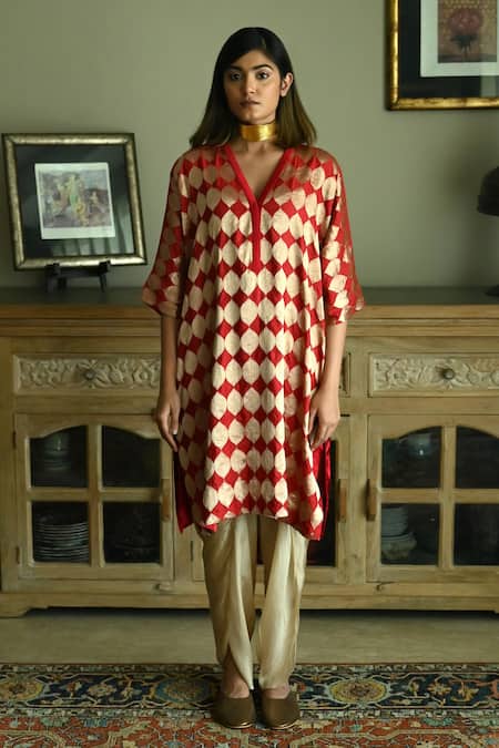 Shorshe Clothing_Red Satin, Silk, Brocade V-neck Shahi Woven Kaftan And Nandini Dhoti Pant Set _Online_at_Aza_Fashions