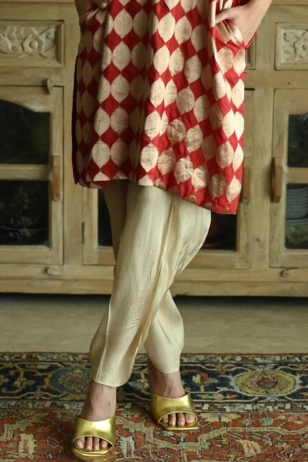 Shop_Shorshe Clothing_Red Satin, Silk, Brocade V-neck Shahi Woven Kaftan And Nandini Dhoti Pant Set _Online_at_Aza_Fashions