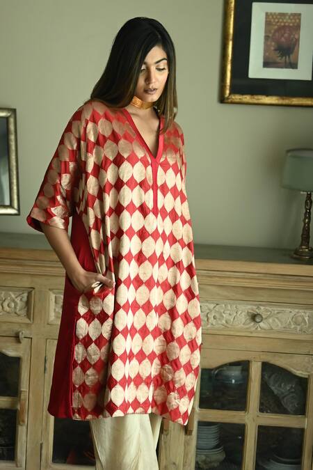 Shorshe Clothing_Red Satin, Silk, Brocade V-neck Shahi Woven Kaftan And Nandini Dhoti Pant Set _at_Aza_Fashions