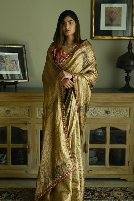 Shop_Shorshe Clothing_Gold Brocade Lace Sona Block Printed Saree _at_Aza_Fashions