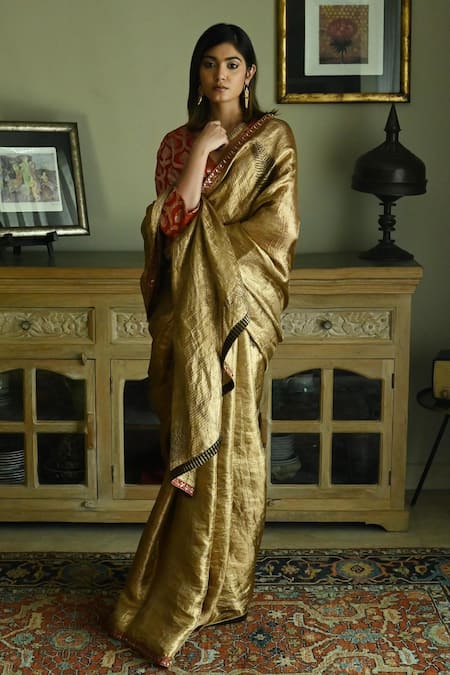 Shorshe Clothing_Gold Brocade Lace Sona Block Printed Saree _Online_at_Aza_Fashions