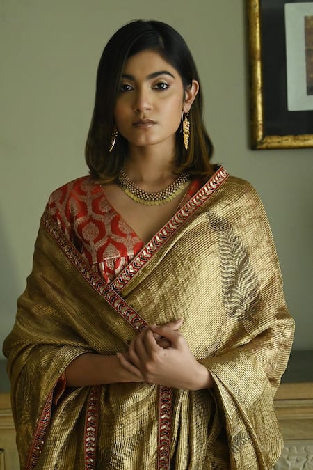 Buy_Shorshe Clothing_Gold Brocade Lace Sona Block Printed Saree _Online_at_Aza_Fashions