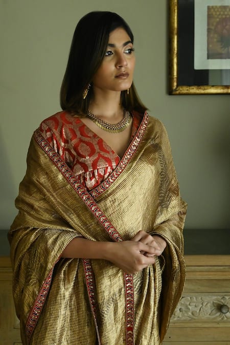 Shop_Shorshe Clothing_Gold Brocade Lace Sona Block Printed Saree _Online_at_Aza_Fashions