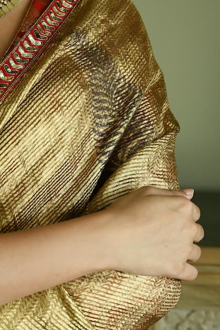 Shorshe Clothing_Gold Brocade Lace Sona Block Printed Saree _at_Aza_Fashions