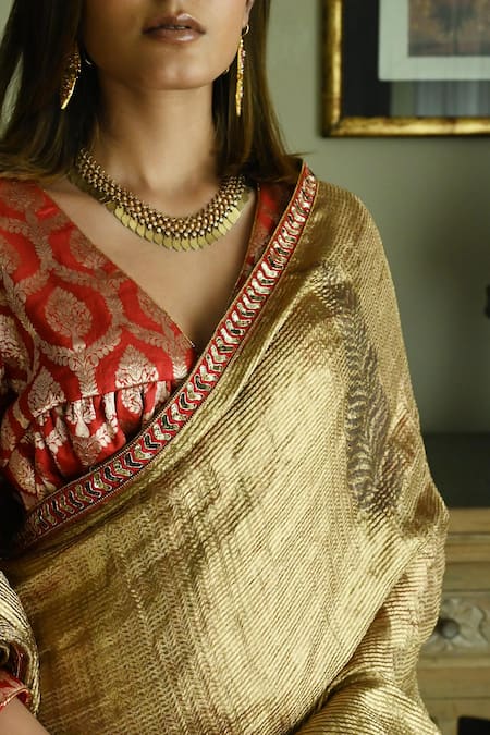Buy_Shorshe Clothing_Gold Brocade Lace Sona Block Printed Saree 