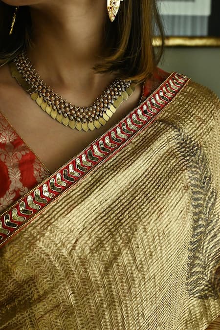 Shop_Shorshe Clothing_Gold Brocade Lace Sona Block Printed Saree 